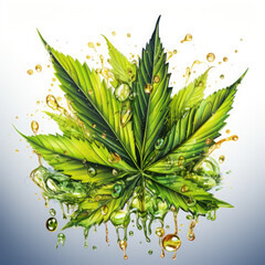 Fototapeta na wymiar Watercolor Medical cannabis liquid oil splash with hemp leaf, clipart Illustration, Generative Ai