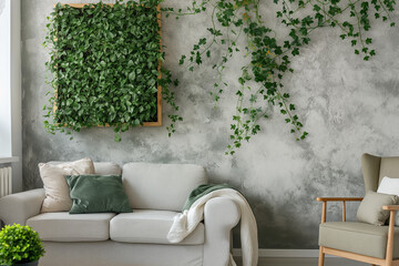 Modern living room interior with one hydroponic system on the wall