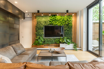 Modern living room interior with one hydroponic system on the wall - 761314683