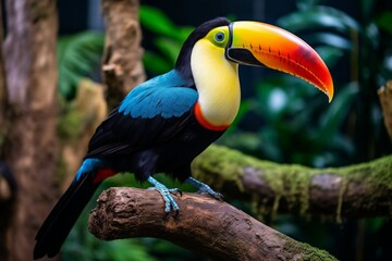 Fototapeta premium Vibrant toucan perched on rainforest tree branch in its natural habitat in the jungle