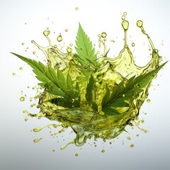 Watercolor Medical cannabis liquid oil splash with hemp leaf, clipart Illustration, Generative Ai