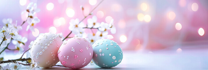 Cherry blossoms and Easter eggs in pastel colors lie on the table, against the backdrop of sunny bokeh. Happy Easter spring greeting card, banner
