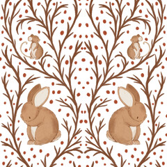 Woodland animals pattern with bunny and mouse