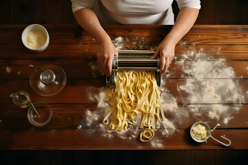 woman using an pasta machine to make fettuccine noodles on wooden background top view