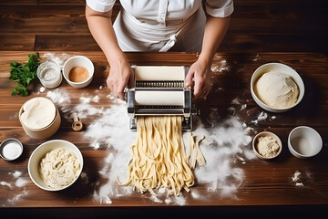 woman using an pasta machine to make fettuccine noodles on wooden background top view - obrazy, fototapety, plakaty