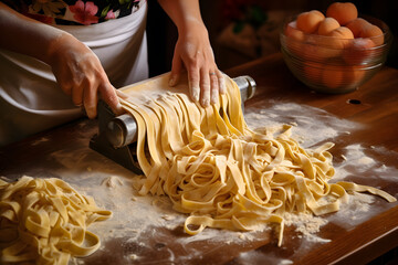 woman using an pasta machine to make fettuccine noodles on wooden background top view - obrazy, fototapety, plakaty