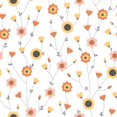 Twisted fairy flowers seamless floral pattern in Scandinavian style. Hand drawn flowers on white background. Abstract retro Spring or Summer print design. Vector illustration
