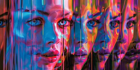 The girl's faces with neon colors form a repeating pattern. Digital art, art design. Designer banner, painting, cover