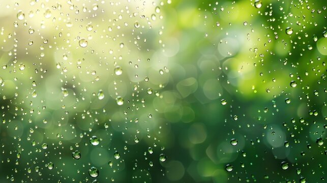 Water rain drops beyond the window over blurred green nature background. AI generated image