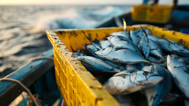 Stacks of tuna fish neatly arranged in yellow boxes on a fishing boat, with the calm sea in the background, Ai generated Images