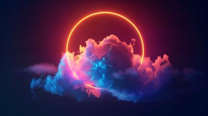 Abstract cloud encircled by a neon light ring in a dark night sky, 3d rendered round frame - obrazy, fototapety, plakaty