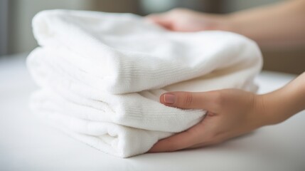 professional Chambermaid with stack of fresh towels in bedroom, closeup