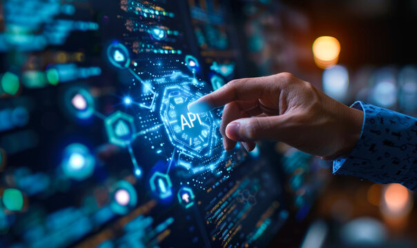 Technology Executive Displaying API Integration Concept with Glowing Icons for Application Programming Interface