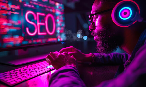 Marketing Specialist Engaging with SEO Optimization Tools on a Futuristic Interface for Enhancing Online Visibility