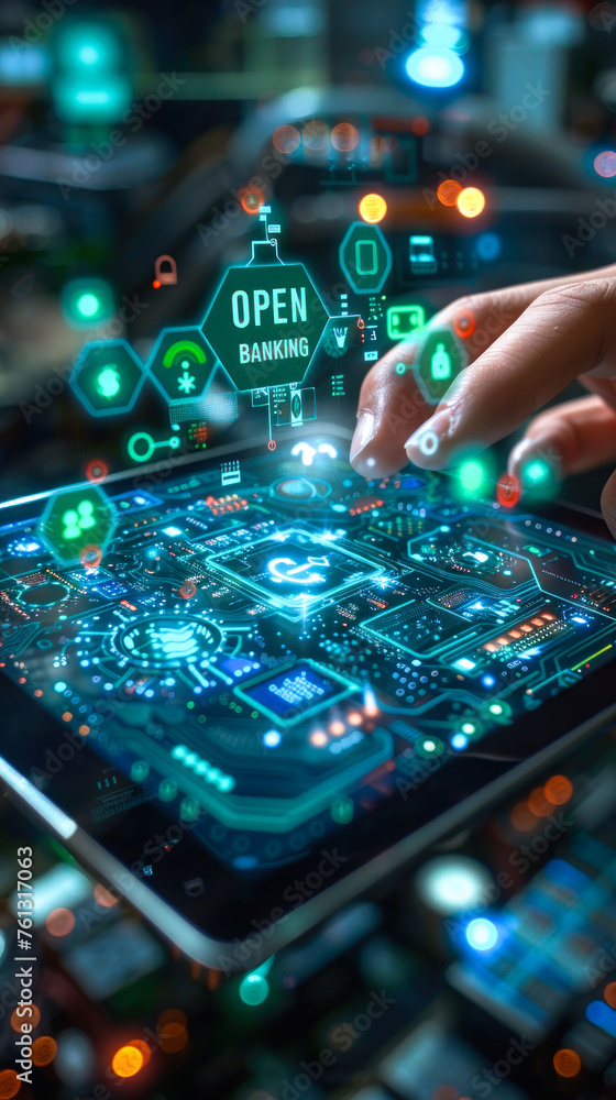 Poster futuristic concept of open banking with api and financial icons hovering above a tablet in a user's 