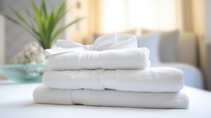 Fototapeta na wymiar a white stack of towels in the hotel room. close-up
