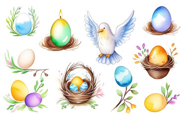 A set of web icons on the theme of Easter on a white background, Easter angel, colored egg, candle, cakes, bell, nest of branches, nest of branches with colored eggs, highlighted on a white background