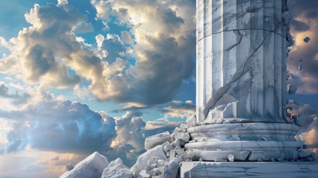 3d Illustration classic column with broken marble stone pillar on blue sky with clouds. AI generated