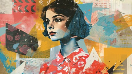 illustration of a young woman retro Trendy paper collage composition wallpaper modern art