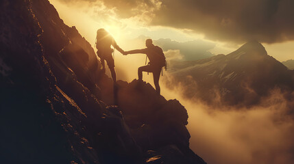 Silhouette image of a hiker extending a helping hand to their friend as they ascend towards the mountain summit, concept evoke feelings of triumph and solidarity  - obrazy, fototapety, plakaty