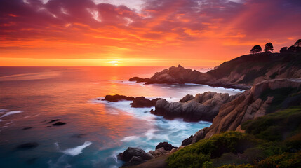 Serene Coastal Beauty at Sunset: Breathtaking Panoramic Views and Nature's Colors Unveiled