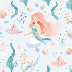 Obraz na płótnie Canvas A whimsical mermaid and seashell pattern illustrati