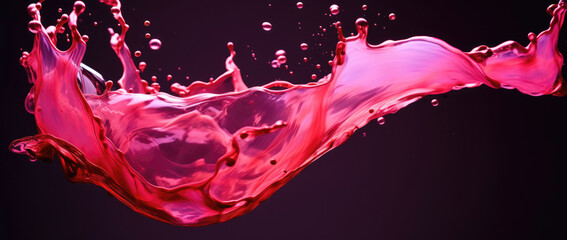 A pink liquid is seen splashing into the air with high velocity, creating dynamic patterns and droplets in motion.