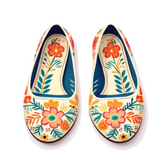 A whimsical pair of embroidered flats illustration
