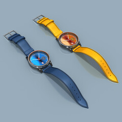 3d Stylische Armbanduhr für Mann und Frau mit blauen, gelben  Armband auf blauen Hintergrund, freigestellt.	 - 761317894