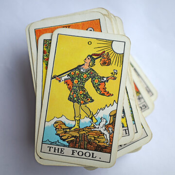 Itterbeck, Germany Nov 5 2023 Vintage Rider Waite tarot deck with the Fool on top. It is estimated that more than 100 million copies of this deck exist in more than 20 countries.