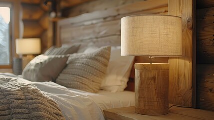 Cozy cabin bedroom with a rustic wood lamp and knit blanket.