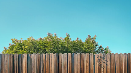 spring bloom tree in backyard and wooden garden fence - 761318430