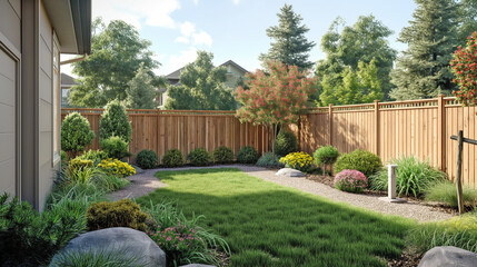 green grass lawn, plants and wooden fence in modern backyard patio - 761318454