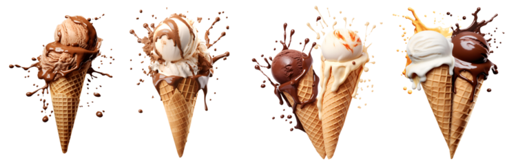 Set of Ice cream scoop on waffle cone flying splash explosion with sprinkles cream topping frosting on transparent background cutout, PNG file. Many assorted different. Mockup template for artwork