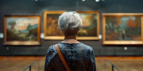 Mature woman admiring artwork in historic art gallery from behind view. Concept Art Appreciation, Mature Woman, Historic Art Gallery, Behind View