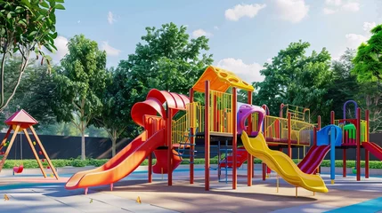 Fotobehang outdoor children's playgrounds, clean background, 3d rendering, 8k, text copy space © growth.ai