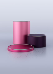 Shiny metallic round purple and pink podium. Abstract 3D concept of pedestal with reflections on light blue background. Glamour background. Cylinder pedestal podium with chrome circles.