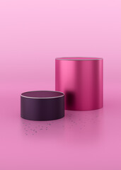 Shiny metallic round purple and pink podium. Abstract 3D concept of pedestal with reflections on pink and purple background. Glamour background. Cylinder pedestal podium with chrome circles.