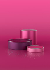 Shiny metallic round purple and pink podium. Abstract 3D concept of pedestal with reflections on pink and purple background. Glamour background. Cylinder pedestal podium with chrome circles.
