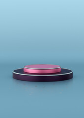 Shiny metallic round purple and pink podium. Abstract 3D concept of pedestal with reflections on blue background. Glamour background. Cylinder pedestal podium with chrome circles. 