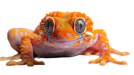 A colorful gecko appears with striking orange skin and dynamic patterns, creating a visual feast