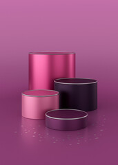 Shiny metallic round purple and pink podium. Abstract 3D concept of pedestal with reflections on pink and purple background. Glamour background. Cylinder pedestal podium with chrome circles.