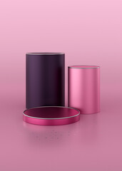 Shiny metallic round purple and pink podium. Abstract 3D concept of pedestal with reflections on pink and purple background. Glamour background. Cylinder pedestal podium with chrome circles.