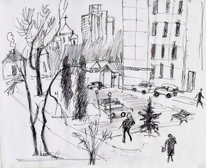 instant sketch, view from window in winter