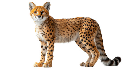 An unidentified cheetah displays its spotted coat and muscular build, poised and ready against a pure white background