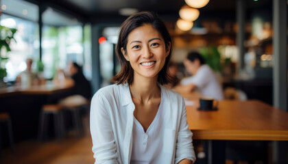 A Asian woman is sitting at a table in a restaurant with a smile on her face. She is wearing a white shirt and a white jacket. There are other people in the restaurant
