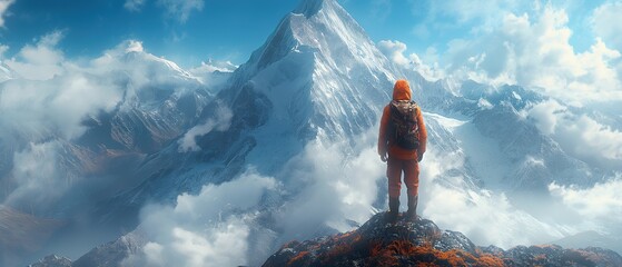 Adventurer in snow gear on a mountain ledge, encapsulates the spirit of hiking, exploration, and the breathtaking beauty of outdoor travel. - obrazy, fototapety, plakaty