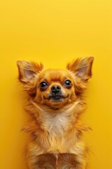 Golden Chihuahua looking up on a yellow background.