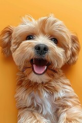 Cheerful Yorkshire Terrier smiling on a yellow background.