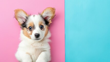Puppy against a pink and blue backdrop, looking upward.